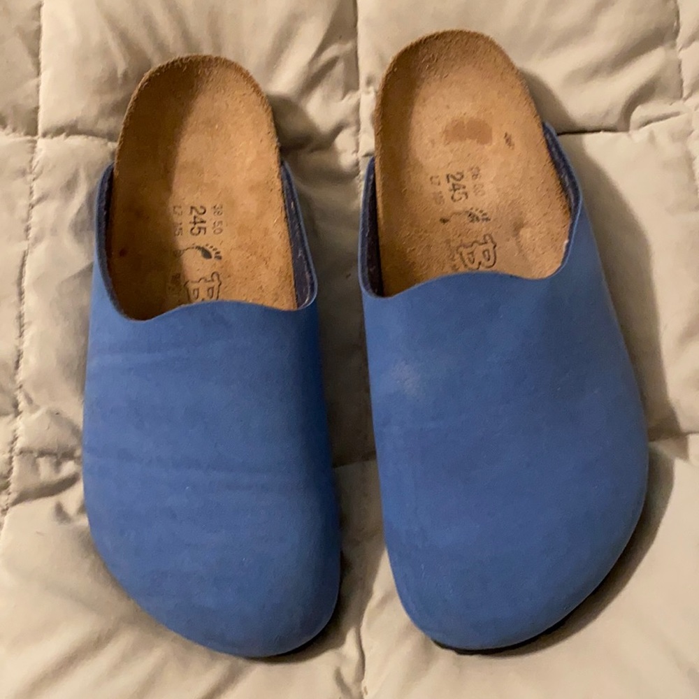 Birkenstock slip on blue suede shoe. Size 8